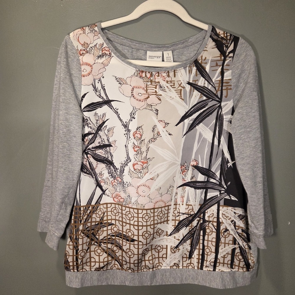 Zenergy By Chico's Mixed Media Asian Print Shirt 3/4 Length Sleeves Knit & Woven